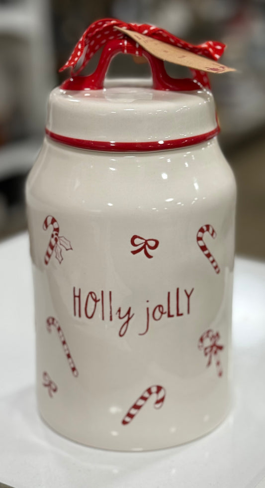 New release Rae Dunn ceramic candy cane and bow Christmas canister 8” HOLLY JOLLY