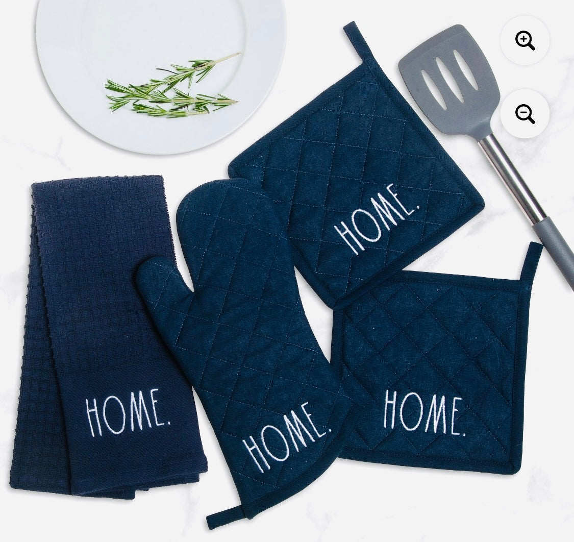 New Rae Dunn 4-piece kitchen pot holder/dish towel set HOME-NAVY