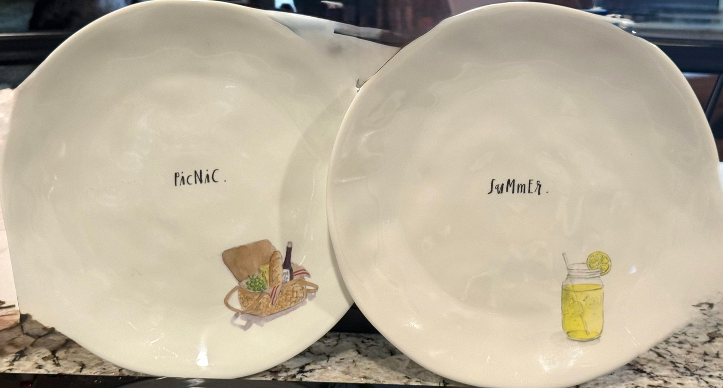 New Rae Dunn 2-piece white melamine 10 inch plate set SUMMER/PICNIC