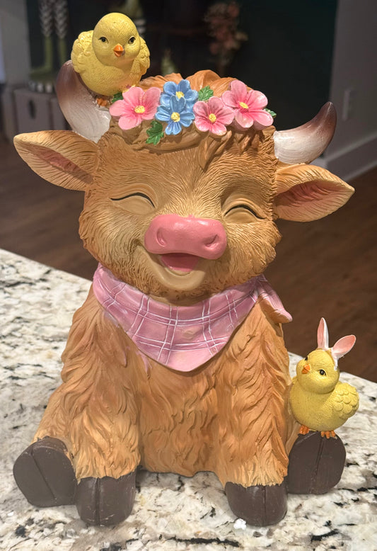 New resin spring floral halo highland cow floral decor 12”