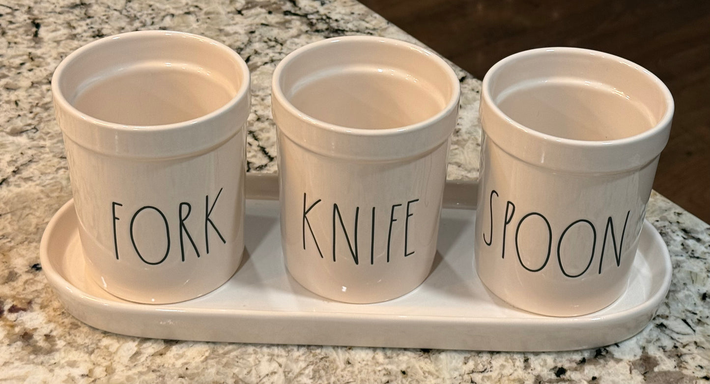 Rae Dunn white ceramic 4-piece kitchen utensils holder set