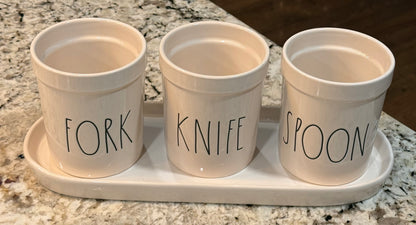 Rae Dunn white ceramic 4-piece kitchen utensils holder set