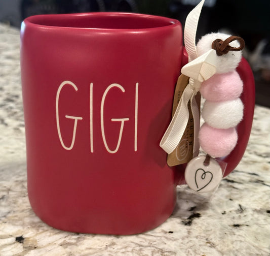 New Rae Dunn red ceramic mug with Pom Pom charm GIGI
