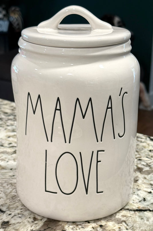 New Rae Dunn 9” ceramic white flat lid canister MAMA’S LOVE