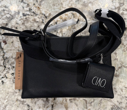 New Rae Dunn faux black leather multi function crossbody purse/handbag CIAO. Canvas & leather strap included 10x6.5