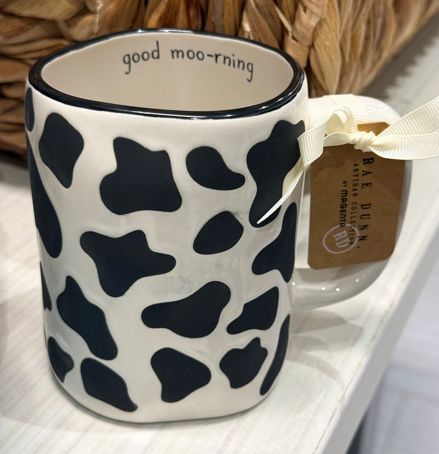New Rae Dunn black cow print ceramic coffee mug GOOD MOO-RNING