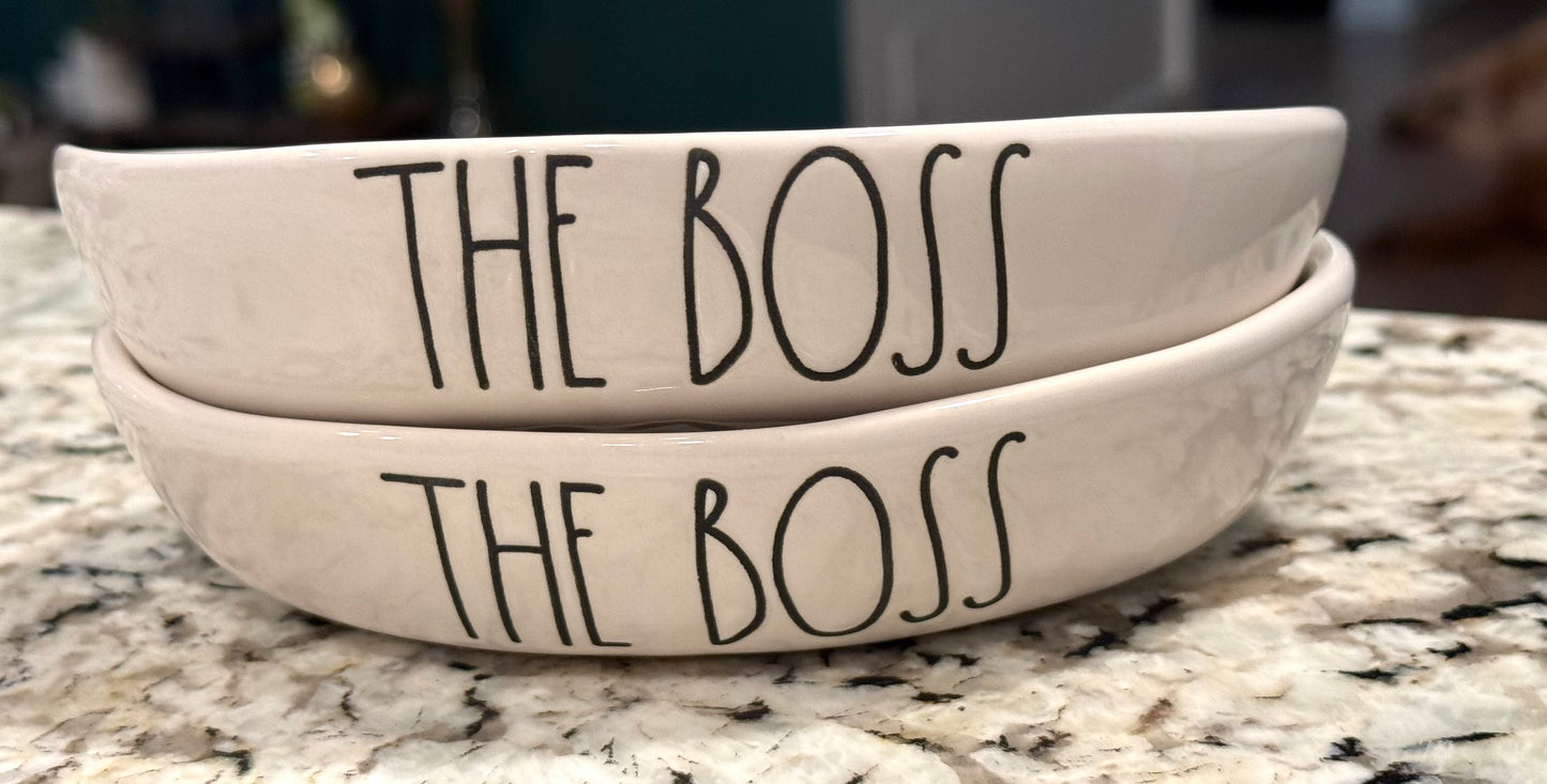 New Rae Dunn 2-piece oval ceramic food dish set THE BOSS