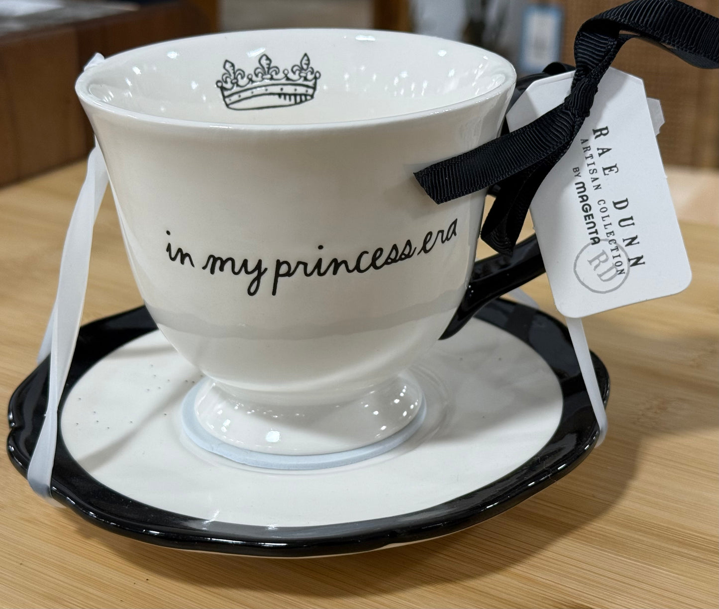 New Rae Dunn white crown ceramic teacup & saucer set IN MY PRINCESS ERA
