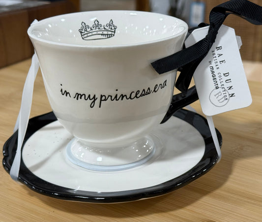 New Rae Dunn white crown ceramic teacup & saucer set IN MY PRINCESS ERA