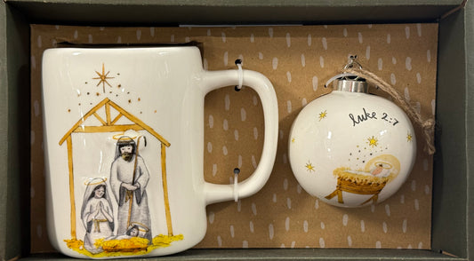 New Rae Dunn white ceramic coffee mug & ornament gift set LUKE 2:7