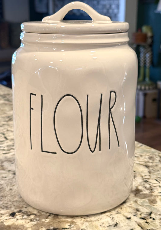 New Rae Dunn white ceramic 9” flat lid storage canister FLOUR