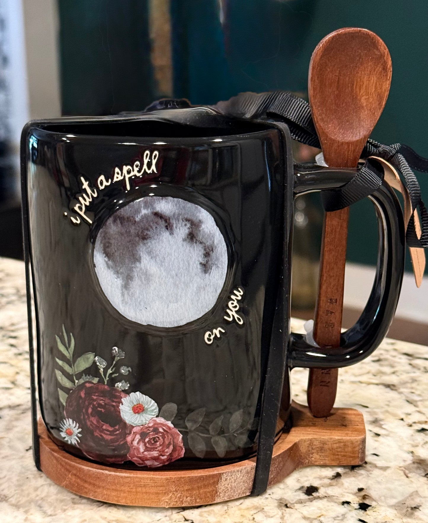 New Rae Dunn Halloween ceramic coffee mug I PUT A SPELL ON YOU wood spoon coaster set