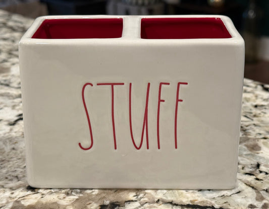 Rae Dunn ceramic double slot STUFF red interior storage jar