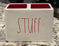 Rae Dunn ceramic double slot STUFF red interior storage jar