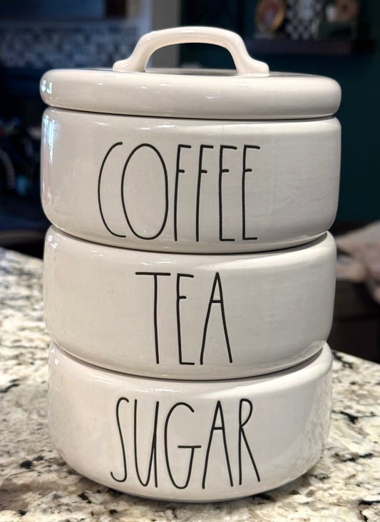 New Rae Dunn 3-part ceramic storage stacker COFFEE TEA SUGAR