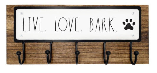 New Rae Dunn LIVE LOVE BARK Wooden Metal Wall hanging Hooks for leash storage