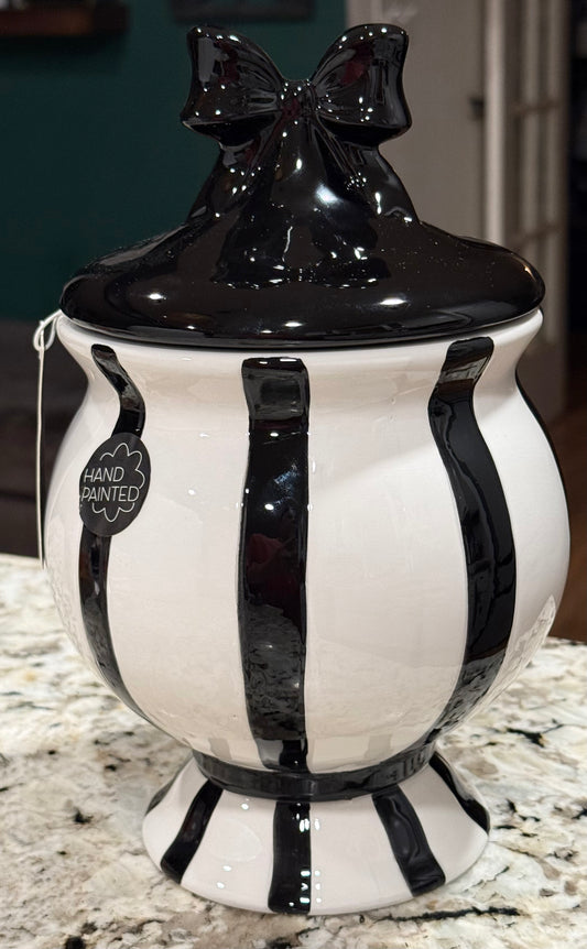 New black and white striped bow topped decorative canister 11”