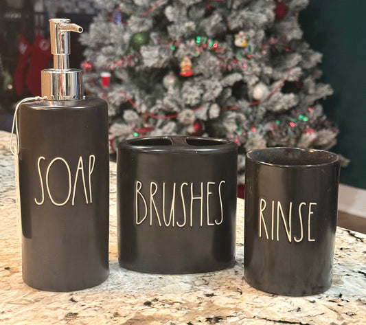 New Rae Dunn 3-piece black bathroom accessory set SOAP BRUSHES RINSE