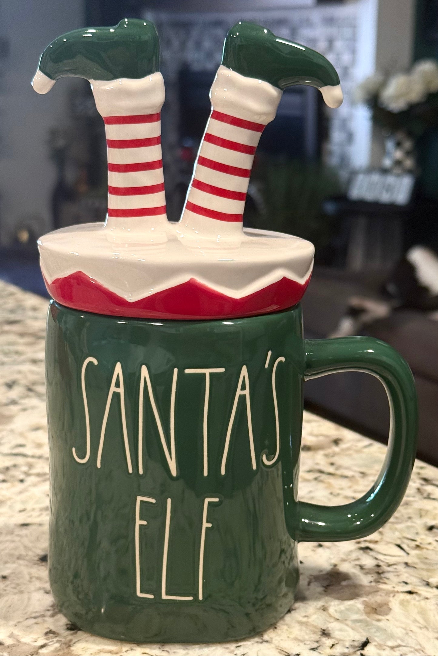 New green ceramic Rae Dunn SANTA’S ELF Christmas ELF LEGS topped coffee mug
