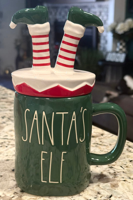 New green ceramic Rae Dunn SANTA’S ELF Christmas ELF LEGS topped coffee mug