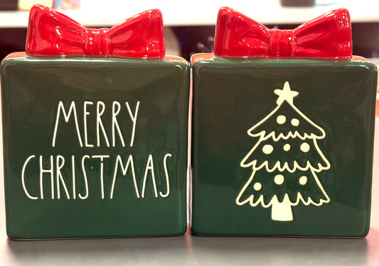 New Rae Dunn ceramic Christmas block decor MERRY CHRISTMAS bow topped