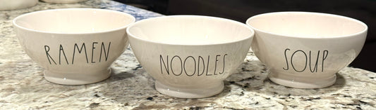 New Rae Dunn white ceramic 3-piece bowl set RAMEN, NOODLES, SOUP