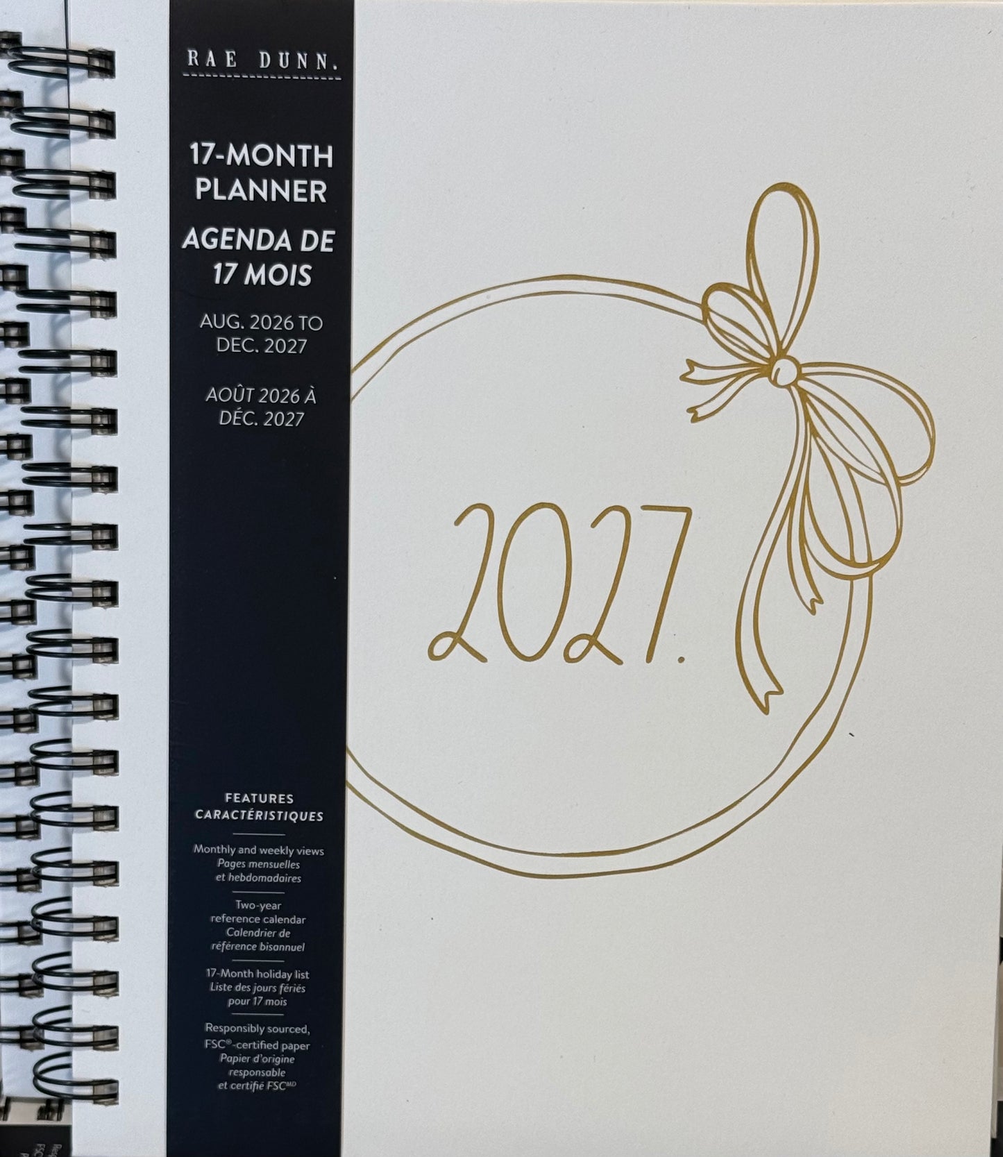 New Rae Dunn 8x10 spiral hardback 2026-2027 Planner-gold bow