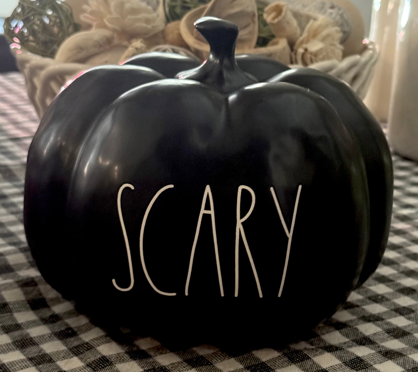 New Rae Dunn black ceramic Halloween decor 8” pumpkin SCARY