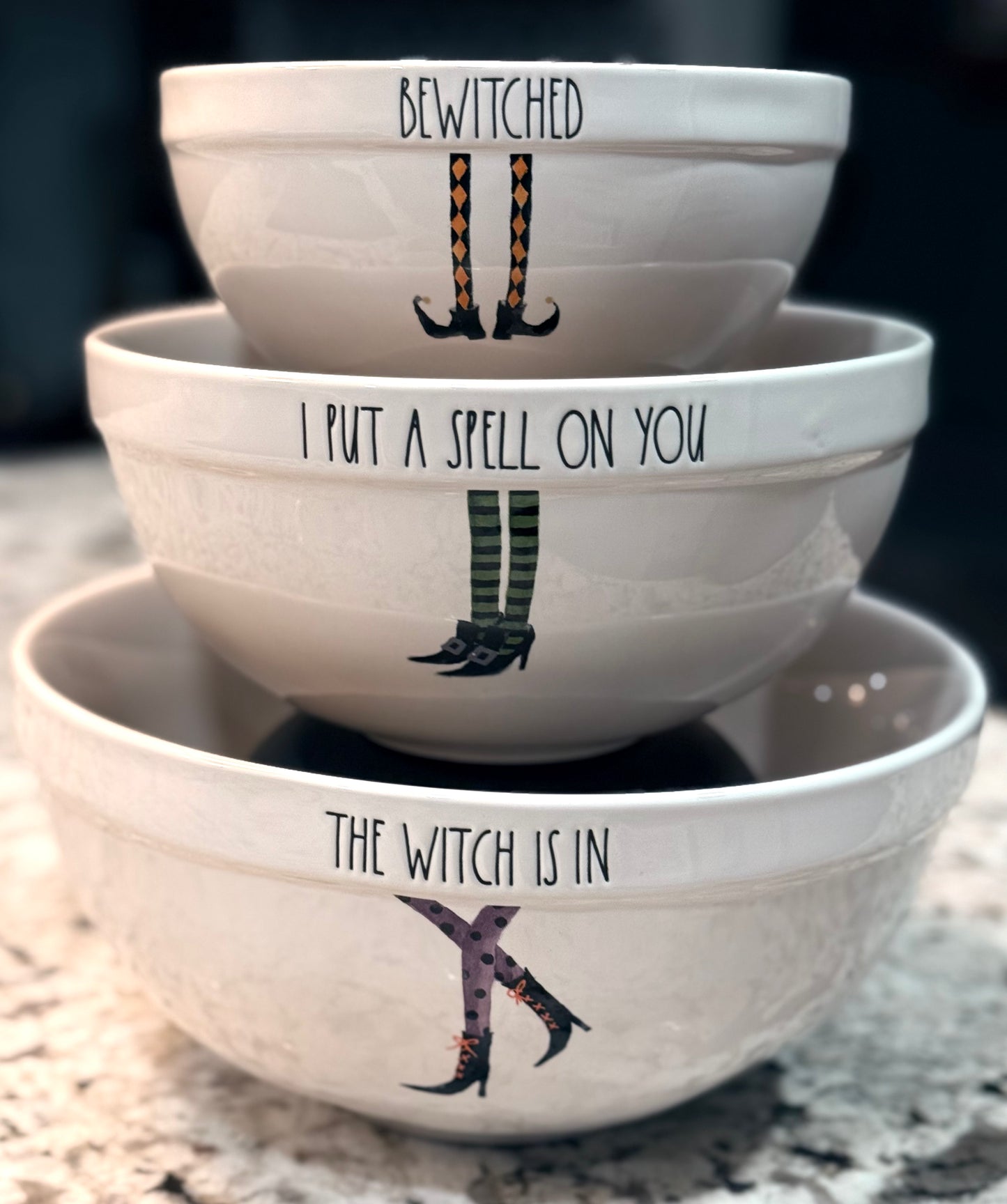 Rae Dunn retired ceramic Halloween 3-piece ceramic bowl set Witches Legs Collection