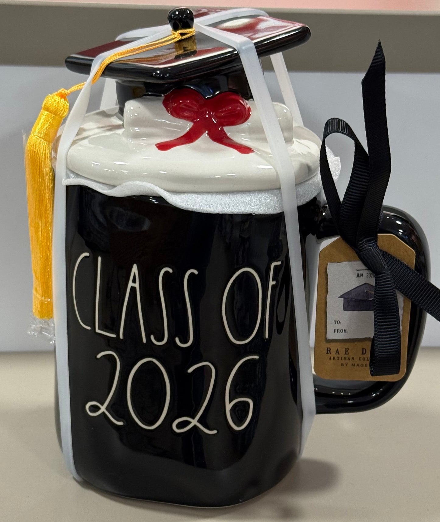 New Rae Dunn black ceramic graduation hat topped coffee mug CLASS OF 2026