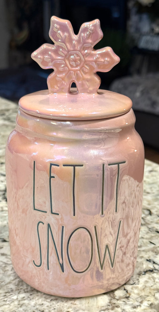 New Rae Dunn pink iridescent ceramic Christmas snowflake topped canister LET IT SNOW