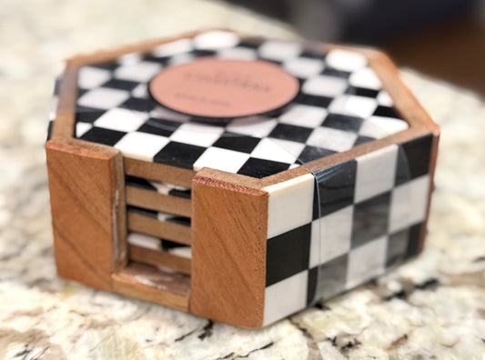 New Courtly Check ceramic black & white checkered Made in India 4-piece coaster set
