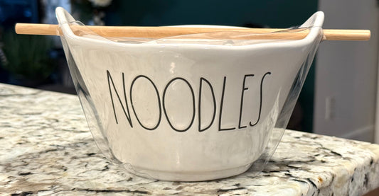 New Rae Dunn white ceramic NOODLES bowl with chopsticks set