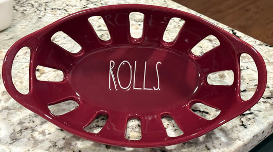 New Rae Dunn burgundy ceramic ROLLS bread serving basket