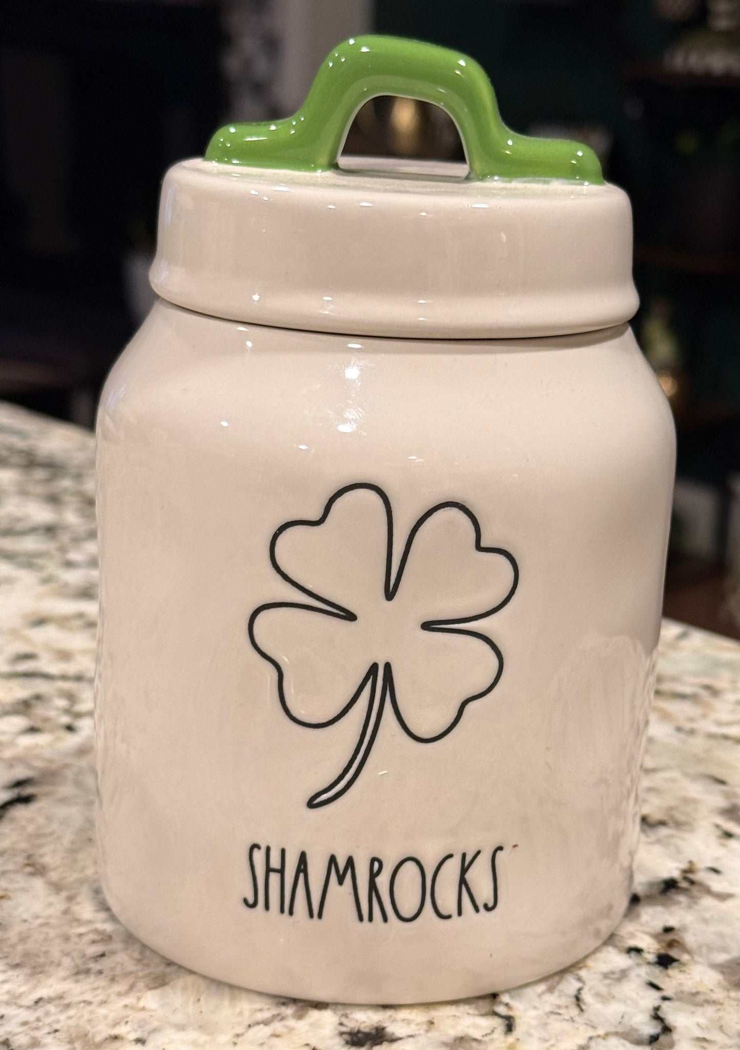New Rae Dunn St. Patrick’s Day ceramic 6” SHAMROCKS canister