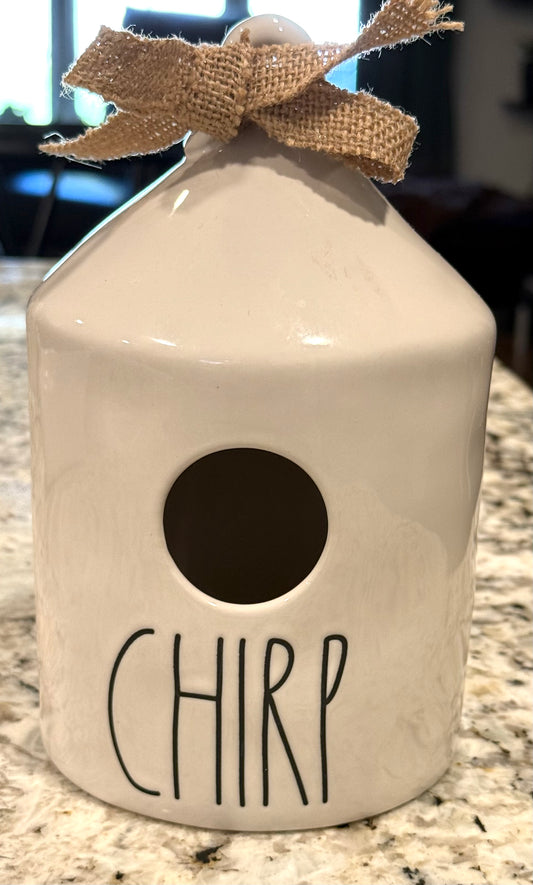 New Rae Dunn white ceramic CHIRP birdhouse decor-burlap ribbon