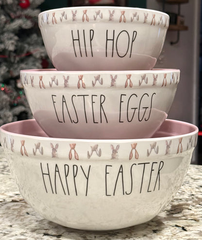 New Rae Dunn 3-piece pink interior melamine Easter decor Bunny trimmed bowl set