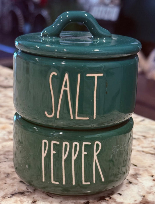 New Rae Dunn green ceramic SALT & PEPPER stacker