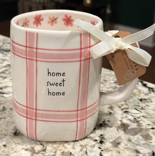 New Rae Dunn pink plaid ceramic coffee mug HOME SWEET HOME