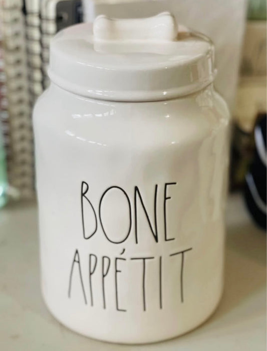 New Rae Dunn ceramic dog storage canister bone top BONE APPETITE