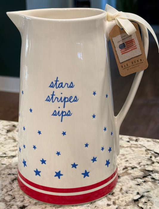 New Rae Dunn patriotic ceramic July 4th americana pitcher USA STARS STRIPES SIPS