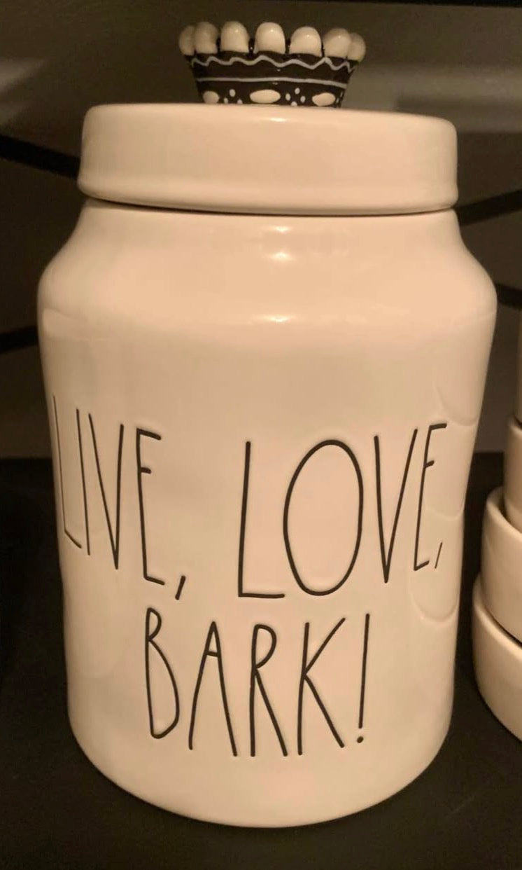 New Rae Dunn ceramic dog canister with crown top LIVE, LOVE, BARK!