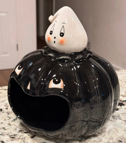 New Joanna Parker ceramic open mouth large black pumpkin Halloween decor