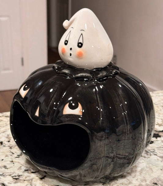 New Joanna Parker ceramic open mouth large black pumpkin Halloween decor
