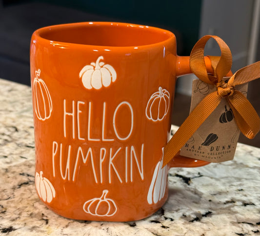 New Rae Dunn orange ceramic coffee mug HELLO PUMPKIN