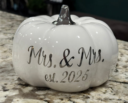 New white ceramic Mr. & Mrs. 2025 Pumpkin decor