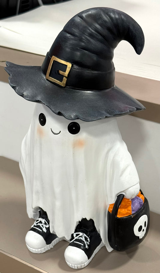 New white resin ghost with hat, shoes, and treat bag