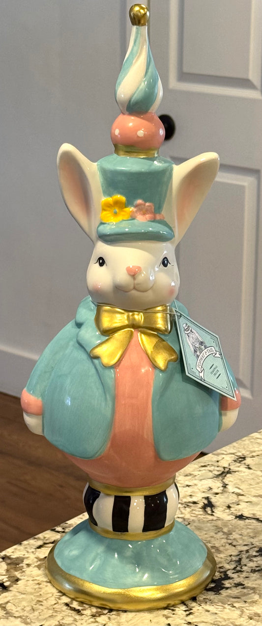 New Tophat & Tail ceramic Bunny check topiary Easter bunny decor 19x7.25”