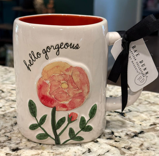 New Rae Dunn white floral ceramic coffee mug HELLO GORGEOUS