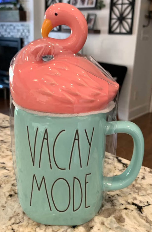 New Rae Dunn ceramic flamingo topped coffee mug decor VACAY MODE